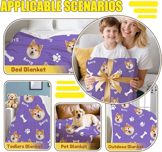 Personalized Paw Print Dog Blanket with Pet Name Face-Custom Puppy Blankets with Picture for Dogs-Customized Dog Memorial Throw Fleece Blanket-Loss of Pets Supplies Sympathy Gift for Bed Sofa Travel