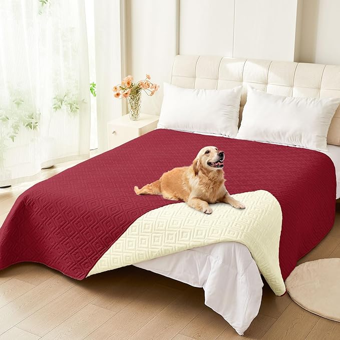 hyha Waterproof Dog Blanket, Soft Dog Bed Cover Pet Blankets, Waterproof Sofa Couch Cover for Dogs Washable, Reversible Pet Couch Covers for Sofa Furniture (52x82 Inch, Wine Red/Beige)