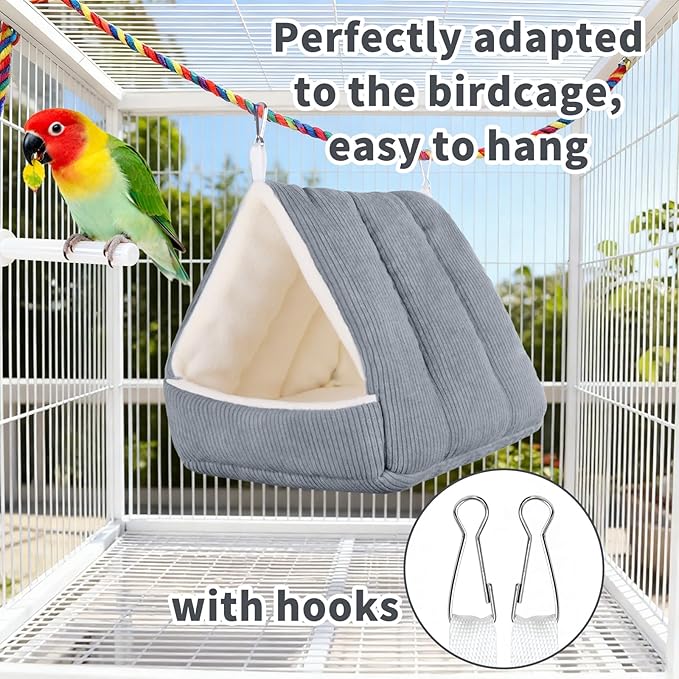 Large Winter Warm Bird House and Bird Bed for Cage with Soft Plush Hanging Hammock & Hut Tent, Hideaway Sleeping Nest for Macaws African Grey Amazon Parrots (Grey, L)