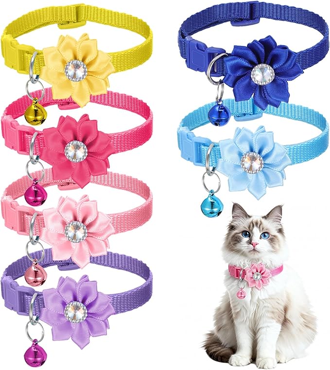 6 PCS Flower Kitten Collar with Bell, Adjustable Cute Cat Collar with Rhinestone for Female, Breakaway Small Kitten Collars, 6 Colors