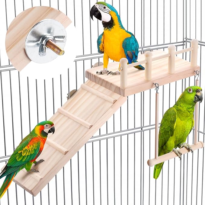 Wooden Bird Habitat Platform with Swing and Ladder - Sturdy Long Tailed Parrot cage Accessory, Suitable for Exercising and Entertaining Bird Games Gym - Perfect for Parrots, Canaries, Sparrows