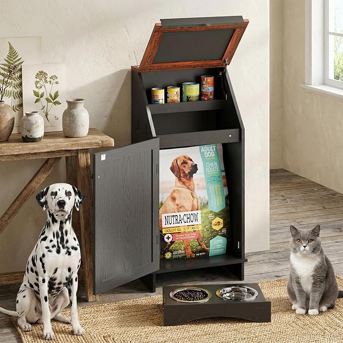 Flip-Top Dog Feeding Station, Dog Food Cabinet with Storage, Dog Food Station with Hidden Feeding Bowls, Pet Storage Cabinet, Dog Storage Organizer, Pet Food Holder, Black Oak Grain