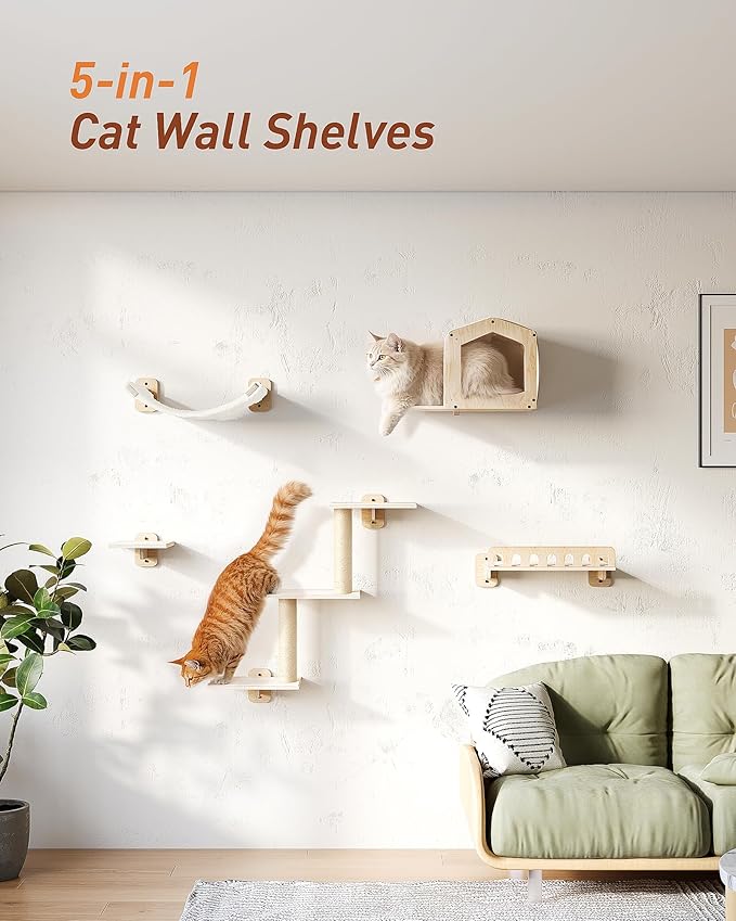 Cat Wall Shelves for Large Cats, 5-in-1 Cat Wall Furniture with Large Hammock and Wide Perch, Wooded Wall Climbing Furniture Set for Indoor Cats