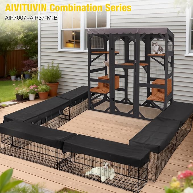 Aivituvin Catio Outdoor Cat Enclosure with Scratch Post, Hammock, Large Window Cat House for 2-6 Mulitiple Cats Walk in Kitty Cage with Tarp Roof 70" Black