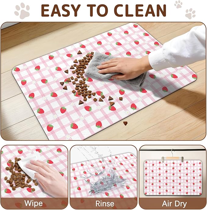 Dog Food Mat for Bowls, Absorbent Quick Dry Dog Cat Mats for Food and Water, Non-Slip Backing Pet Mat Pet Supplies - Strawberry Pattern