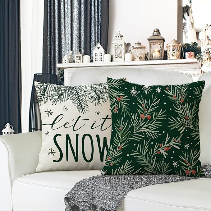 Fahrendom Winter Vibes Green Decorative Throw Pillow Covers 18 x 18 Set of 4, Let It Snow Pine Cones Needle Berry Porch Patio Outdoor Pillowcase, Christmas Seasonal Sofa Couch Cushion Case Home Decor