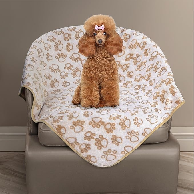 Stuffed Small Beige Premium Soft Dog Blanket, with Flannel Beige Cute Paw Print, 24 * 32 inches, Cat Blanket Puppy Supplies Poodle‌ Dog Products Stuff Essentials