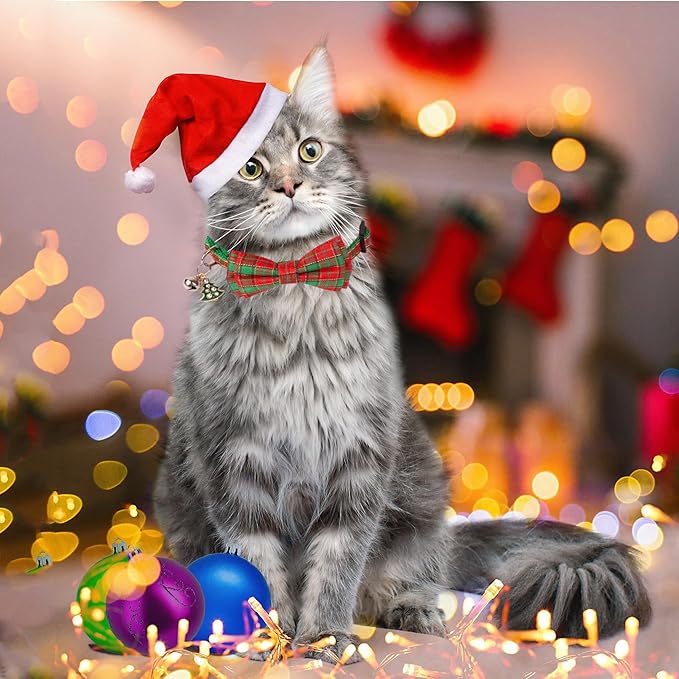ADOGGYGO Christmas Cat Collars with Bow Bell, Breakaway Red Green Plaid Christmas Bowtie Collars for Girl Boy Cats Kittens
