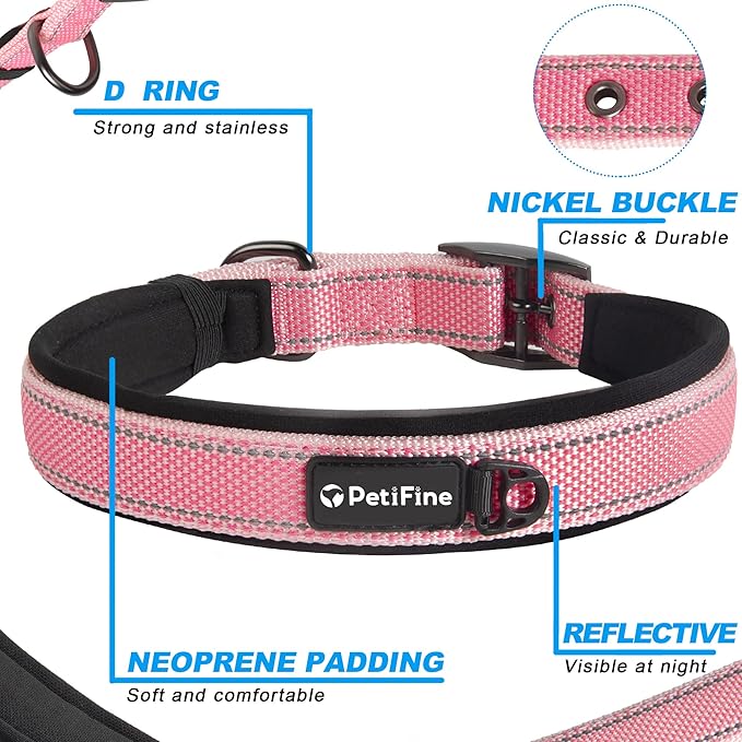 PetiFine Dog Collar for Large Dogs, Neoprene Padded and Adjustable, Reflective Wide Heavy Duty Pet Collars with Durable Metal Belt Buckle for Walking, Pink, L