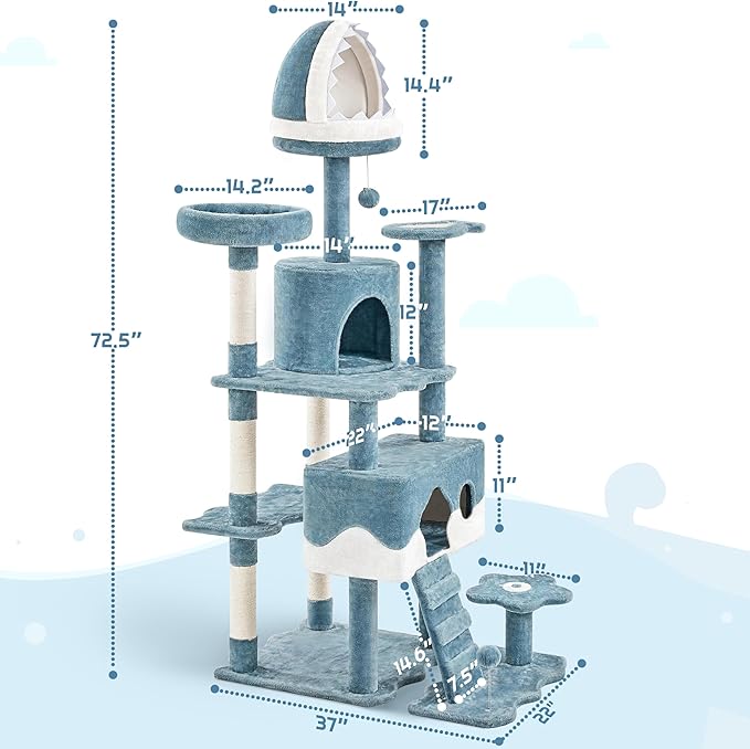 Yaheetech Cat Tree, 72.5inch Ocean-Themed Cat Tower, Multi-Level Large Cat Tree for Indoor Cats with Shark's Mouth Bed & 2 Big Condos & 2 Wide Perches & Funny Toys, Blue & White