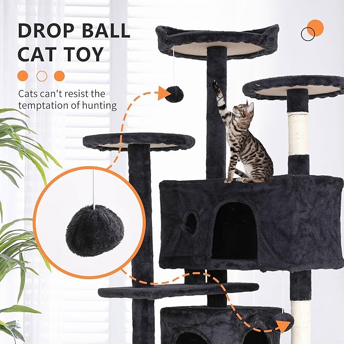 Cat Tree for Indoor Cats, Multi-Level Cat Tower with Scratching Posts & Cozy Condo, Space Saving Cat Activity Center, Durable Pet Play House (54in,Dark Gray)