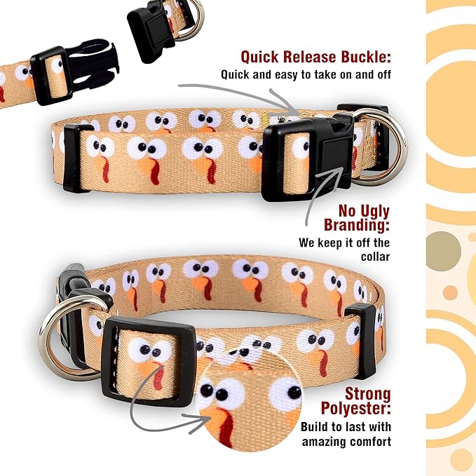 Native Pup Thanksgiving Dog Collar- Fall Collars for Dogs- Autumn Leaf, Turkey, Pumpkin Pie, Holiday Leaves- Girl Boy Puppy- Adjustable for Small, Medium, Large Breeds (Turkey Face, Small)