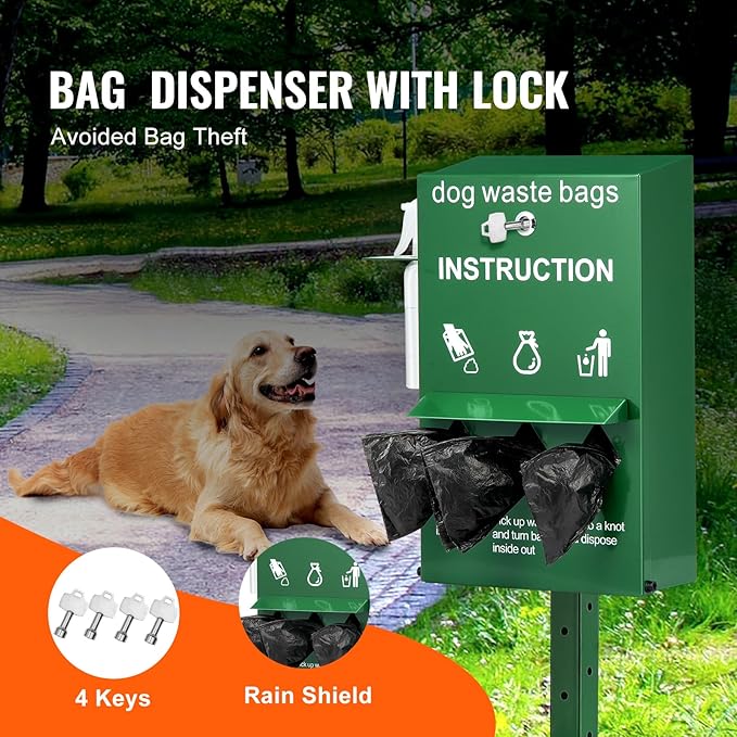 VEVOR Dog Poop Bag Dispenser with Hand Wash Bottle, Lockable Outdoor Dog Waste Bag Holder with 600 Waste Bags, Stake, Pole, Fence & Wall Mounted Dog Poop Bag Storage, Pet Waste Station for Porch, Lawn