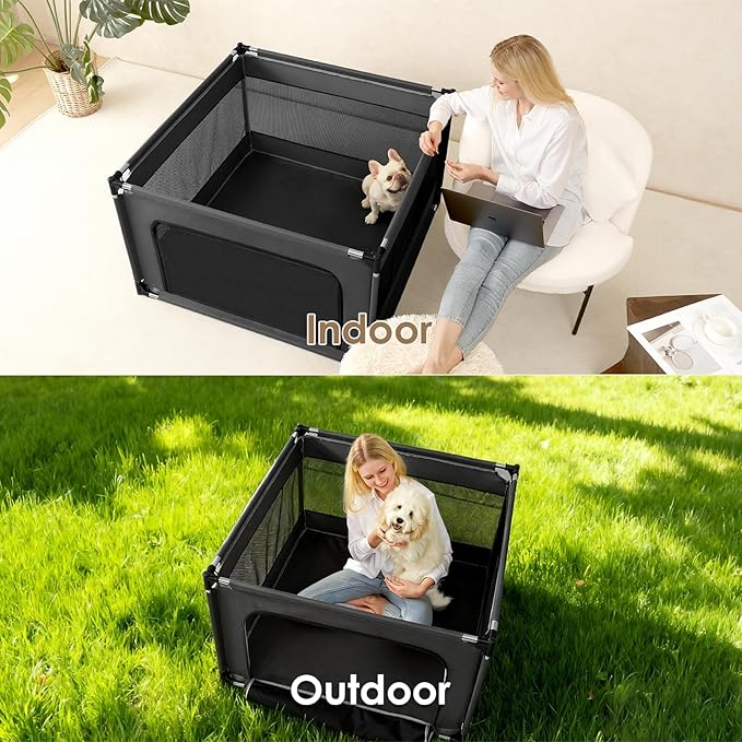 EHEYCIGA 42x42x26 Inches Puppy Playpen Without Top Cover for Dogs & Cats Indoor or Outdoor - Dog Playpen with Door, Dog Fence for Small Animal with Heavy-Duty Oxford & Steel Frame, Dark Grey