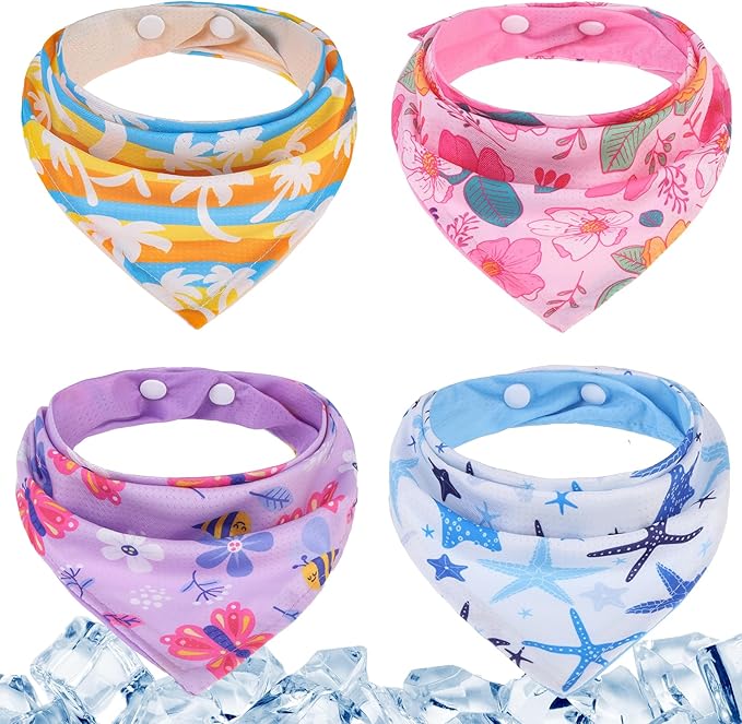 PAWCHIE Dog Cooling Bandana Small, 4 Packs Ice Cool Pet Triangle Scarf Bibs Reversible Styles, Summer Adjustable with Two Snaps, Kerchief Set Accessories for Dogs, Puppy, Cats