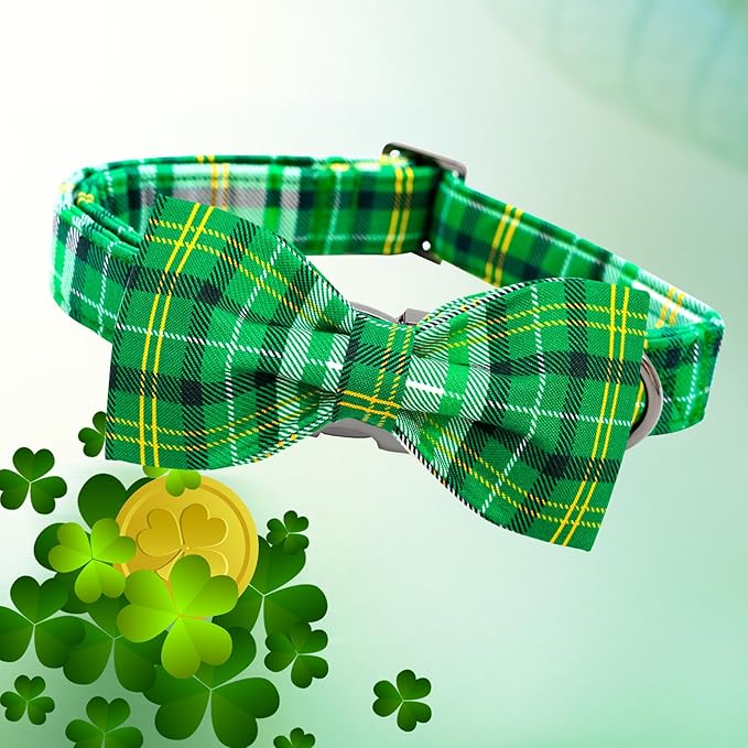 Lionheart glory Dog Bow Collar St. Patrick's Day Dog Collar for Large Dogs, Adjustable Green Plaid Collars Spring Dog Collar with Bowtie Pet Collar Bows Cute Collars