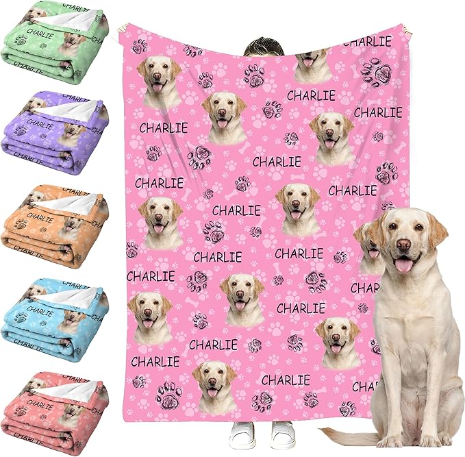 Personalized Paw Print Dog Blanket with Pet Name Face-Custom Puppy Blankets with Picture for Dogs-Customized Dog Memorial Throw Fleece Blanket-Loss of Pets Supplies Sympathy Gift for Bed Sofa Travel