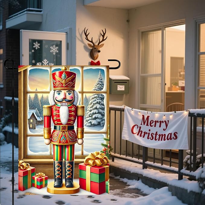 Christmas Garden Flag 12x18 Inch Nutcracker Soldier Decor Gift Box Snowy Pine Cottage Winter Forest Red Green Gold Classic Holiday Yard Lawn Outdoor Fence Decoration Tree Ornament Display