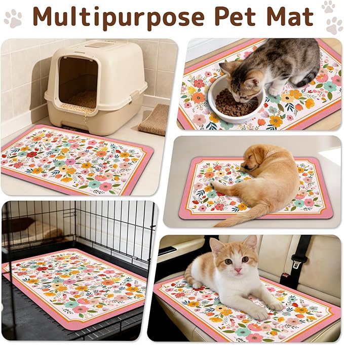 Dog Food Mat for Bowls, Absorbent Quick Dry Dog Cat Mats for Food and Water, Non-Slip Backing Pet Mat Pet Supplies - Pink Floral Pattern