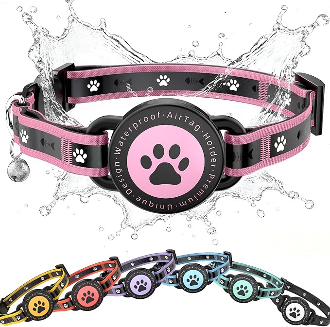 Airtag Cat Collar Breakaway, Reflective Cat Collar with AirTag Holder and Bell, Compatible with Apple Air Tag, Comfortable Padding, Adjustable, Durable (Pink, S)