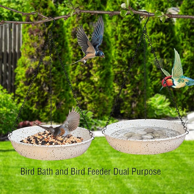 Hanging Metal White Birdbath with Gold spot 11 inches Wildbird Bird Feeder for Outdoor with Black Chains for Garden Yard Decor