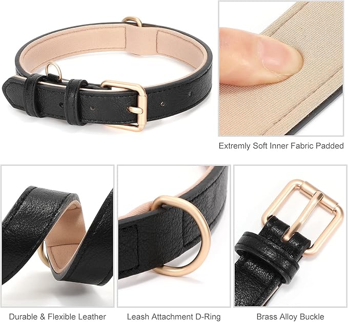 WHIPPY Leather Dog Collar for Small Medium Large Dog Adjustable Soft Breathable Leather Padded Puppy Collar with Alloy Buckle Heavy Duty Waterproof Classic Dog Pet Collar,Black,L