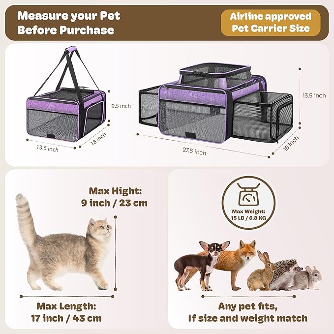 Top and 2 Sides Expandable Cat Carrier 18x13.5x9.5, TSA Airline Approved Dog Carriers for Small Dogs, Soft-Sided Pet Carrier with Self-Locking Zippers for Kitten,Rabbit, Puppy Purple