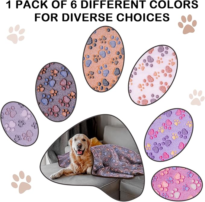 Dono 1 Pack 6 Dog Blankets, Soft Fluffy Fleece Pet Blanket Warm Sleep Mat Paw Print Design Puppy Kitten Throw Blankets Doggy Blanket for Dogs