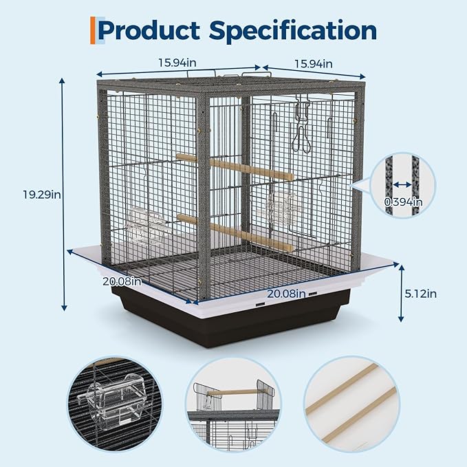GarveeHome Small Bird Cage with Wheels, Parakeet Cage, Bird Carrier for Parakeets, Canaries, Lovebirds, Small Quaker, Cockatiels, Budgie, Green Cheek (20in Hammertone Black)