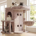 Heybly Cat Tree, 25.6-inch Cat Tower with Spacious Top Perch for Large Cats, Stair-Style Cat House Furniture with Dual-Layer Condos, Sisal Scratching Posts, Cozy Basket & Pompom, Muchroom HCT204SMU