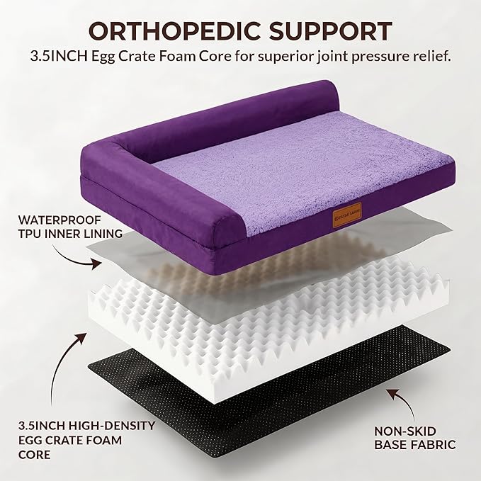 Patas Lague Orthopedic Dog Bed Large Sized Dog 36''X24'', Waterproof L Bolster Medium Pet Sofa Beds with Removable Washable Cover, Soft Comfortable Pet Couch Crate Mat with Nonskid Bottom, Purple
