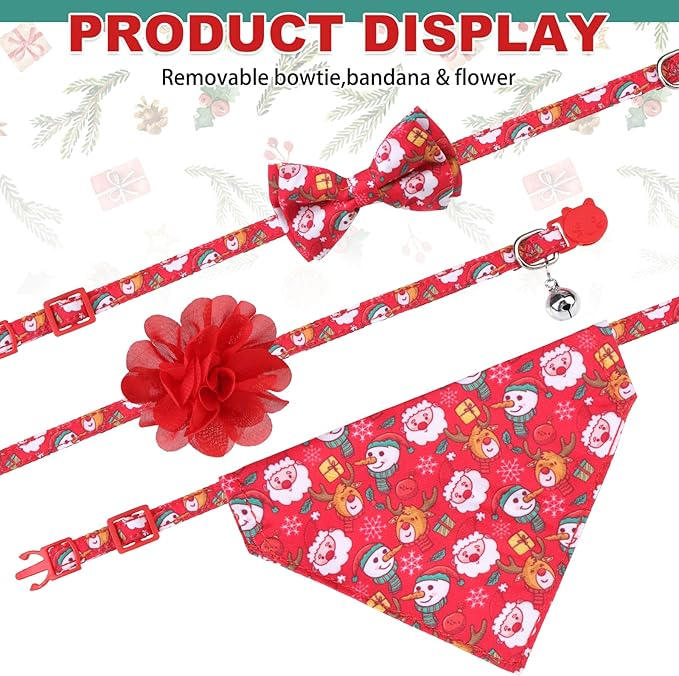 Breakaway Cat Collars with Bell & Cute Pendants - 3 Pack Adjustable Safety Kitten Collars - Decoration for Girl Boy Cats Puppy and Small Pets (Style C - Christmas)