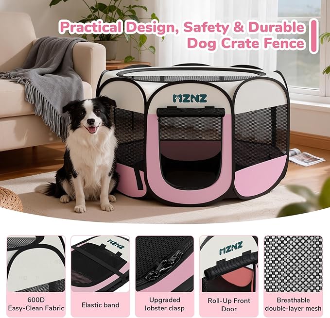 Dog Playpen, Portable Puppy Pet Crate Indoors for Small/Medium/Large Dogs Cats Rabbits, Foldable Dog Cage Enclosure for Outdoor, Pop Up Dogs Tent Kennel with Carrying Case, Pink