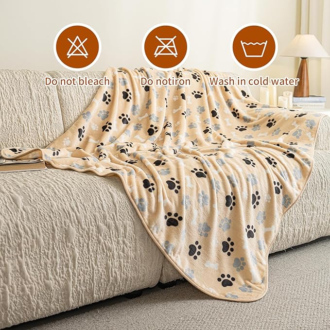 Dog Blanket Paw Bone Pattern 1 Pack 1 Super Soft Warm Flannel Sofa Cover Car Bed Protector, Urine Proof Washable Outdoor Pet Blanket for Puppy Large Dogs & Cats,80"*60" Beige