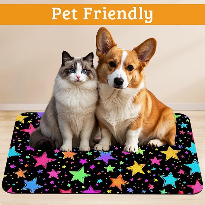 Neon Stars Dog Food Mat,Bright Colorful Absorbent Pet Feeding Mat for Food and Water Bowl,Quick Dry Dog Placemat Non Slip Rubber Backing Waterproof Pet Supplies 12" x 20"