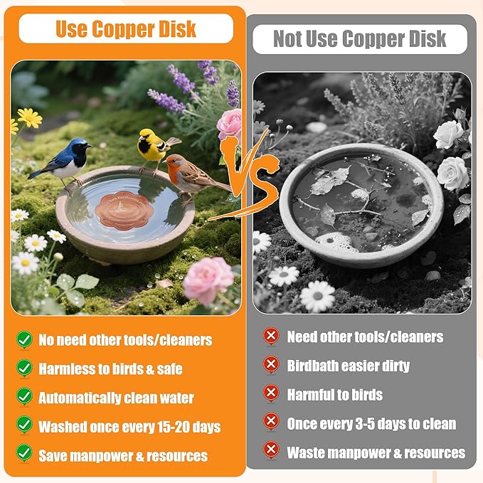 2P 4inches Bird Bath Purification Disk, 99.99% Pure Copper Bird Bath Disc Safe Birdbath Cleaner Disks for Outdoor All-Season Use 0.6mm Birdbaths Copper Disk with 3 Point Support