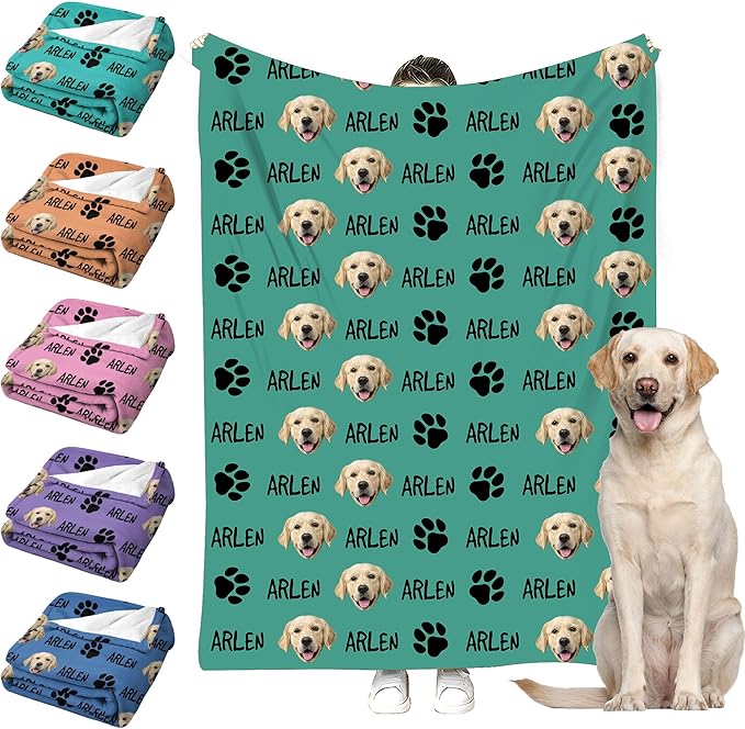 Personalized Paw Print Dog Blanket with Pet Name Face-Custom Puppy Blankets with Picture for Dogs-Customized Dog Memorial Throw Fleece Blanket-Loss of Pets Supplies Sympathy Gift for Bed Sofa Travel