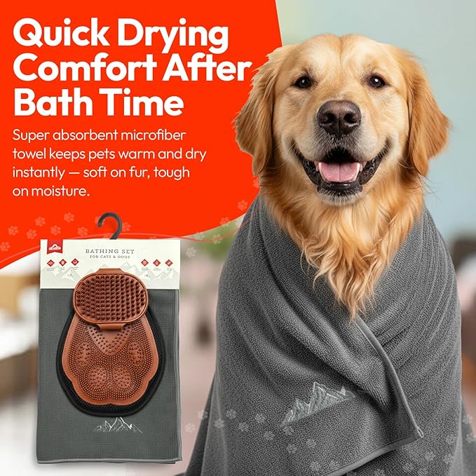 PW Pet Grooming Tools for Dogs & Cats- 3 Pack Dog Bathing Set- Safe On Skin Super-Absorbent Microfiber Towel – Soft & Gentle Brush Glove and Hand-Held Dog Bath Brush- Paw Mountain