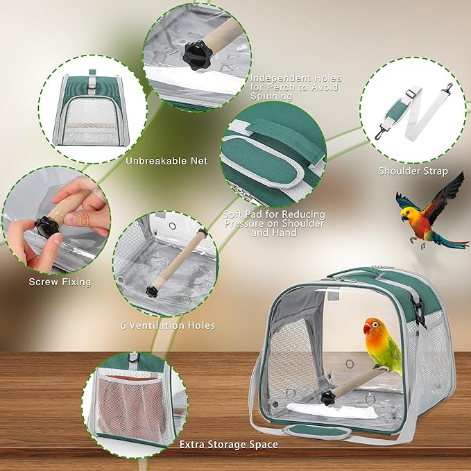 Suertree Small Bird Carrier, Large Window Travel Cage with Stand and Easy Clean Tray for Parrot Parakeet Cockatiels, Lightweight and Portable, Green