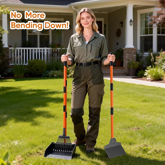 Pooper Scooper, Extra Large Long Handle Dog Pooper Scooper for Dogs Heavy Duty, Pet Supplies Stainless Metal Tray, Spade and Rake Set, Use on Grass, Dirt or Gravel
