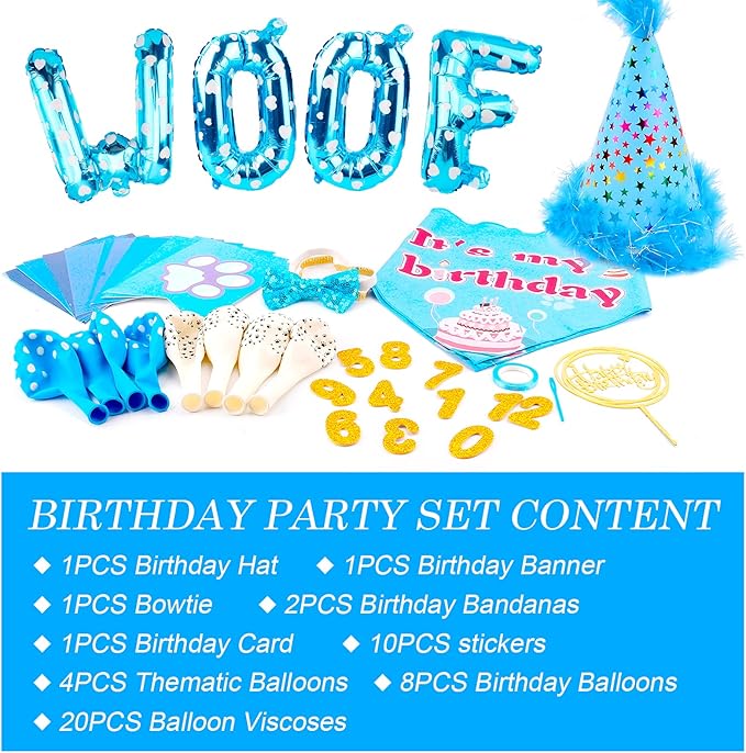 Dog Birthday Party Supplies, Adjustable Dog Bandana Set with Hat, Banner, Balloons and Bow Tie for Party Decorations Festive Accessories Party Photos & Celebrations- Large Medium Small Pet Puppy Dogs