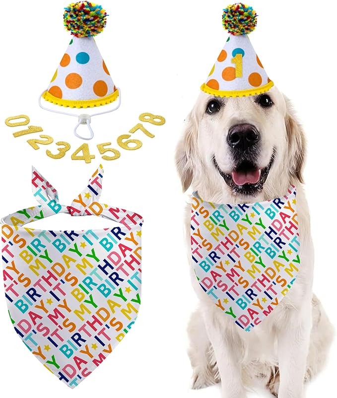 Dog Birthday Bandana Set, It's My Birthday Dog Scarfs, Pet HBD Party Decor Supplies with Colorful Polka Dots Hat Numbers Kerchief for Boy and Girl (Multicolor)
