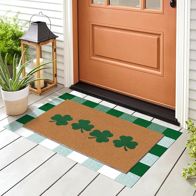 Tinideya 2 Pcs St. Patrick's Day Door Mat Shamrock Welcome Non Slip Green and White Coir Mats Floor Layering Doormats Seasonal for Front Porch Entryway Decor(Green White, St. Patrick's Day)