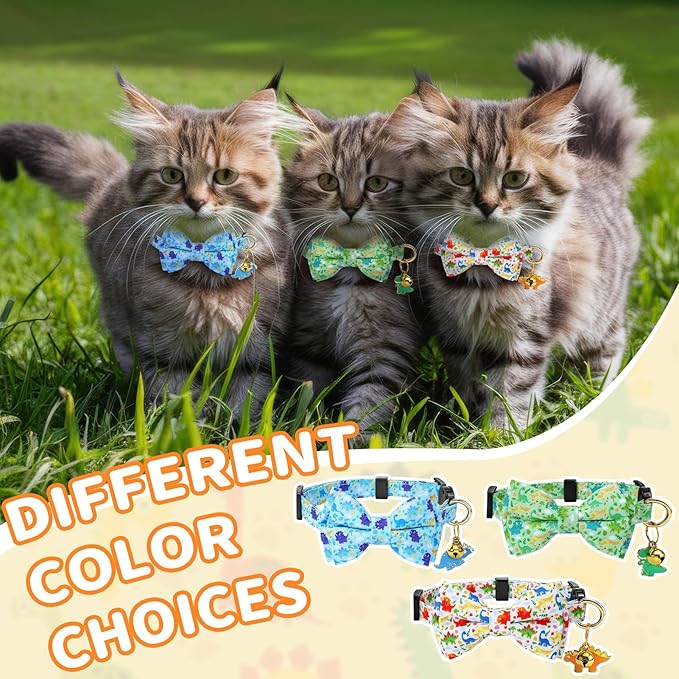 3 PCS Cat Collars with Bow Tie and Bell, Cat Collars Dinosaurs Pattern Breakaway Adjustable Cat Bow Tie Collars, Cute Bow Tie Suitable for Kittens Or Certain Puppies