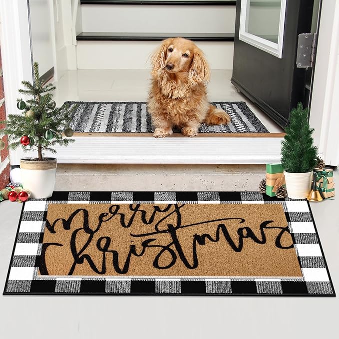 Tinideya 2 Pcs Door Mat Welcome Non Slip Coir Mats Floor Layering Doormats Seasonal for Front Porch Entryway Decor(Merry Christmas)