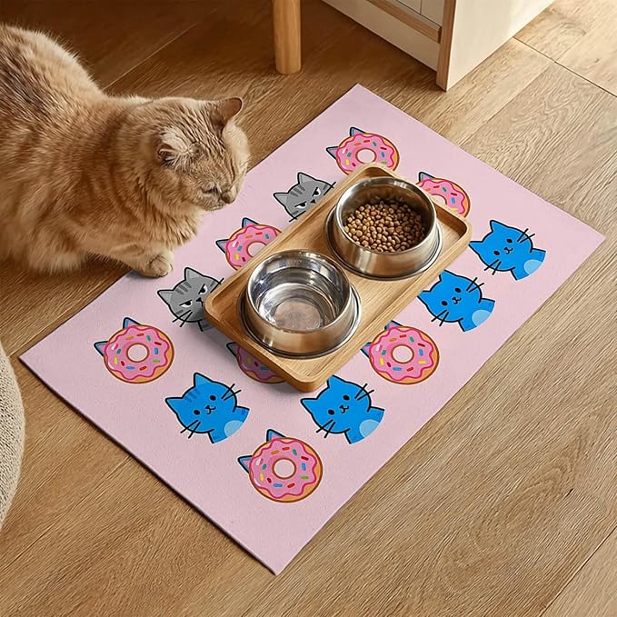 Cat Feeding Mat 24x16 inch Donut Cat Print Pet Bowl Placemat Non Slip Floor Mat for Food and Water Indoor Kitty Feeding Station Cute Meal Pad for Small Pets Kitchen Use