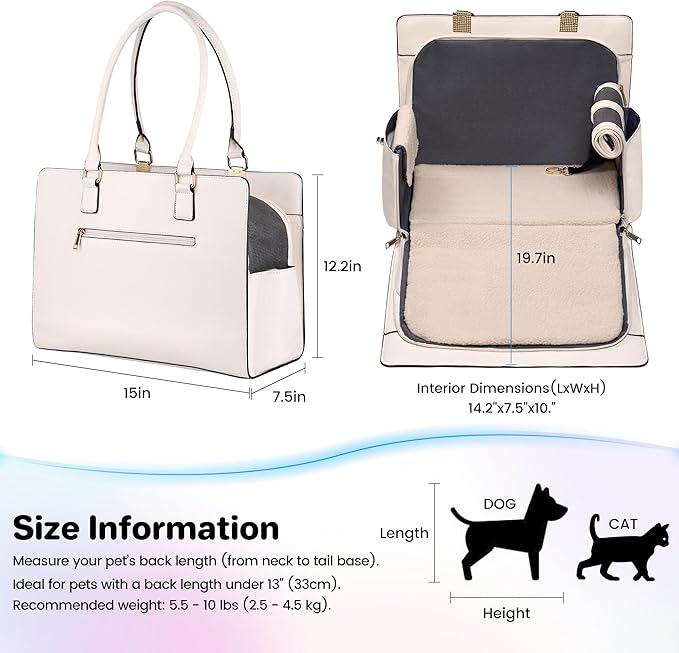 Dog Purse Carrier for Small Dogs, Stylish Foldable Pet Carrier Purse Tote Bag with Washable Cushion & Safety Leash, Airline Approved Puppy Travel Bag with Pockets (White)