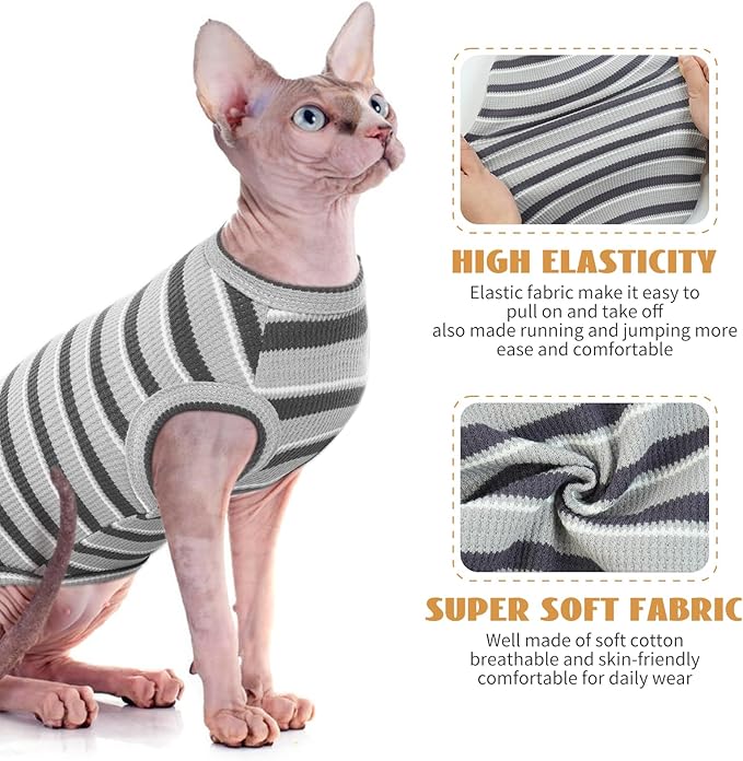 BRKURLEG Hairless Cats T Shirt, Cat Sweaters, Pullover Kitten Shirts, Sleeveless Round Collar Cotton Vest for Cornish Rex Devon Rex Peterbald and Small Dogs Sweater(Grey Stripes, XL)