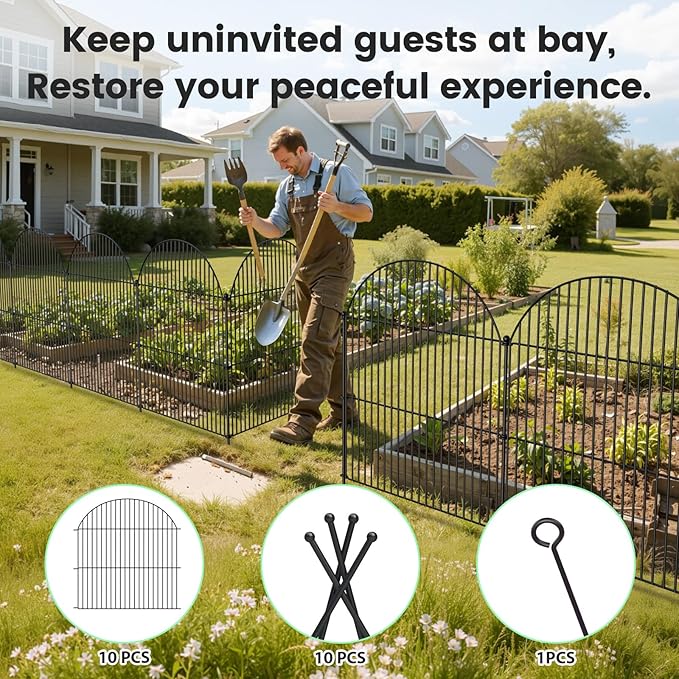 10Pcs No Dig Garden Fence, 40in(H)/24ft(L) Rustproof Metal Dog Fence Outdoor for Yard, Tall Animal Barrier Pet Fencing, Border Panel for Dog, Rabbits, Patio, Flower Bed, Garden Decor