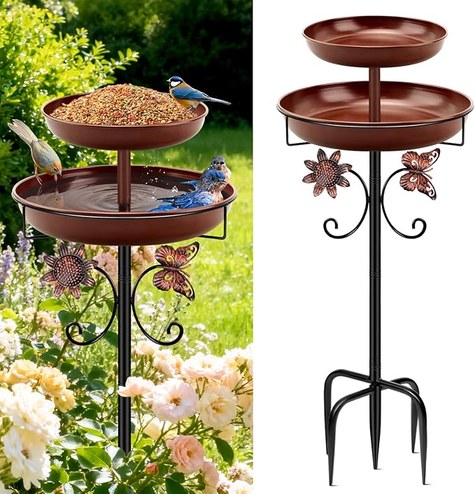 Daoeny Bird Bath for Outside, 42In Vintage Freestanding Birdbaths for Outdoors, Double Metal Bird Bath Feeder Bowls for Garden Patio Yard Lawn Decor, Upgraded 5-Pronged Base (Brown)
